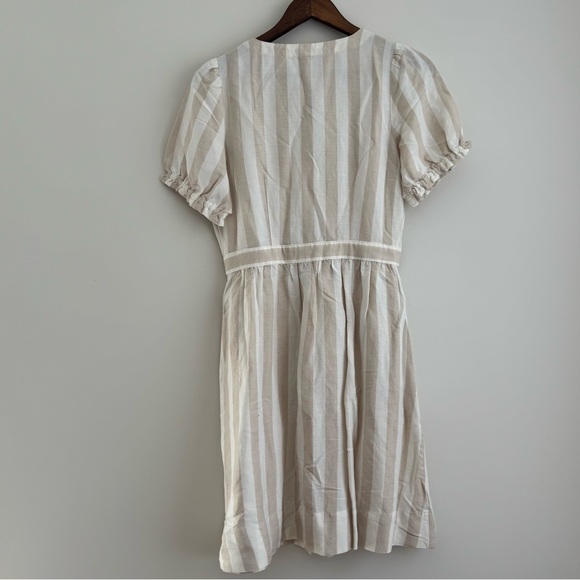 Loft Linen Blend Striped V-neck Button Down Shirt Midi Dress Puff Sleeve - 2 - Picture 2 of 4